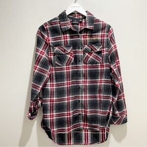 BURNSIDE Women’s Black Red Plaid Flannel Boyfriend Shirt Asian Graphic Size M